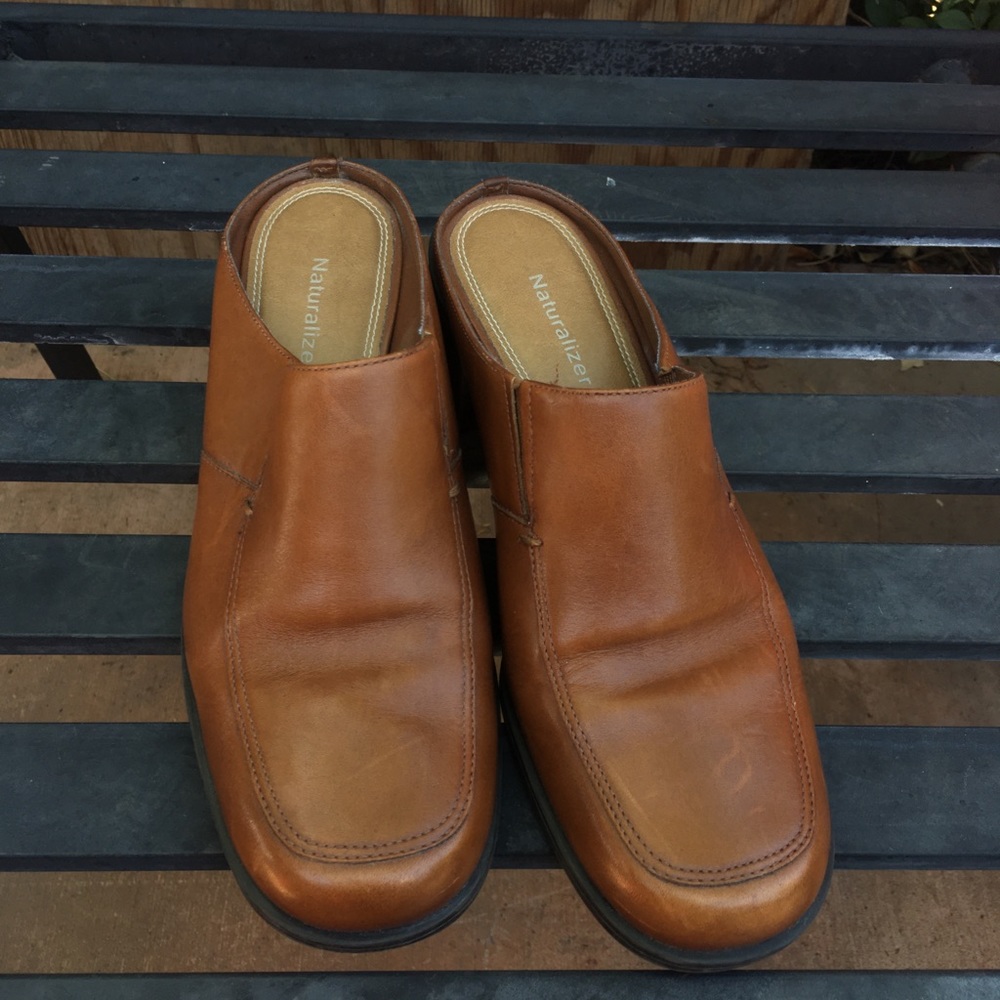 Brown leather mules
